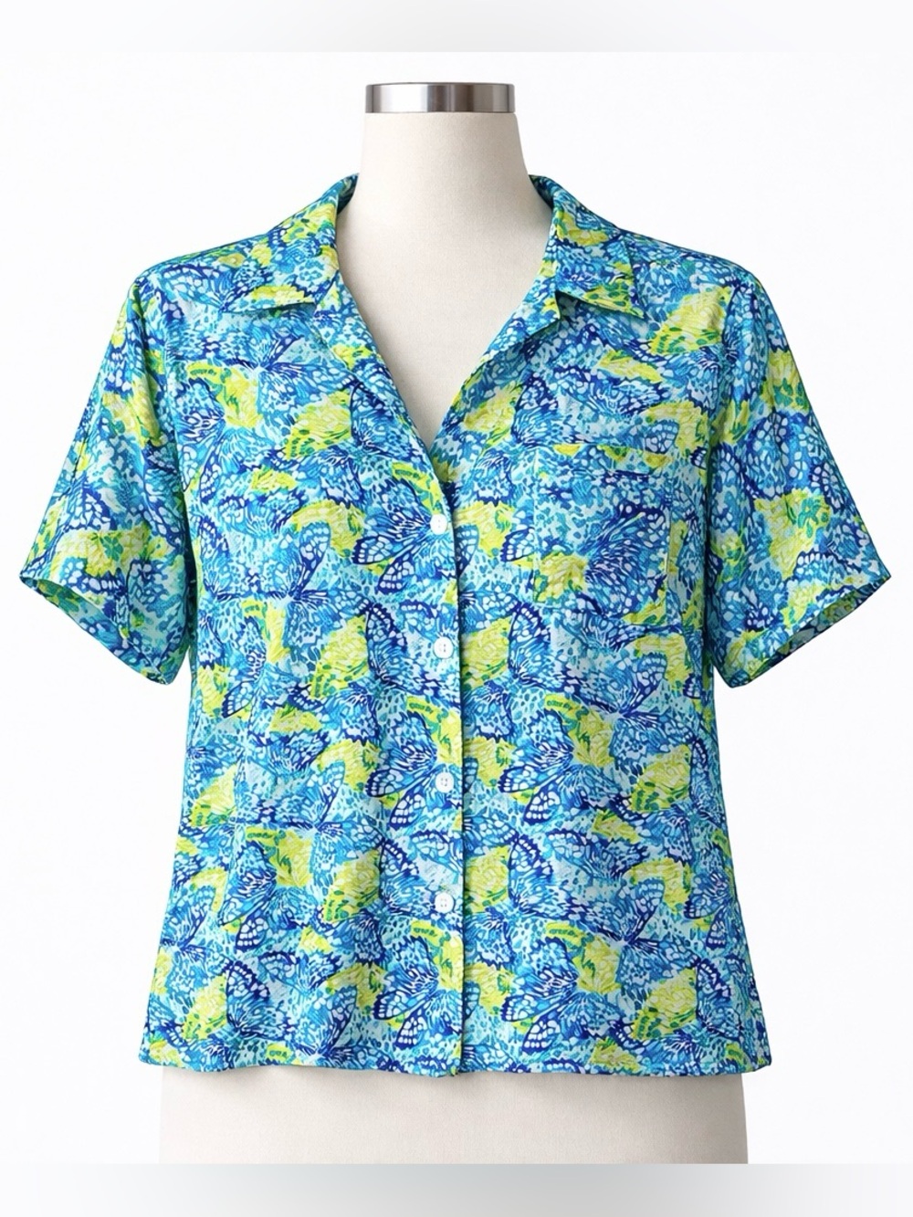 Counterparts Aqua Blue & Lime Green Butterfly Print Button Front Shirt Size S